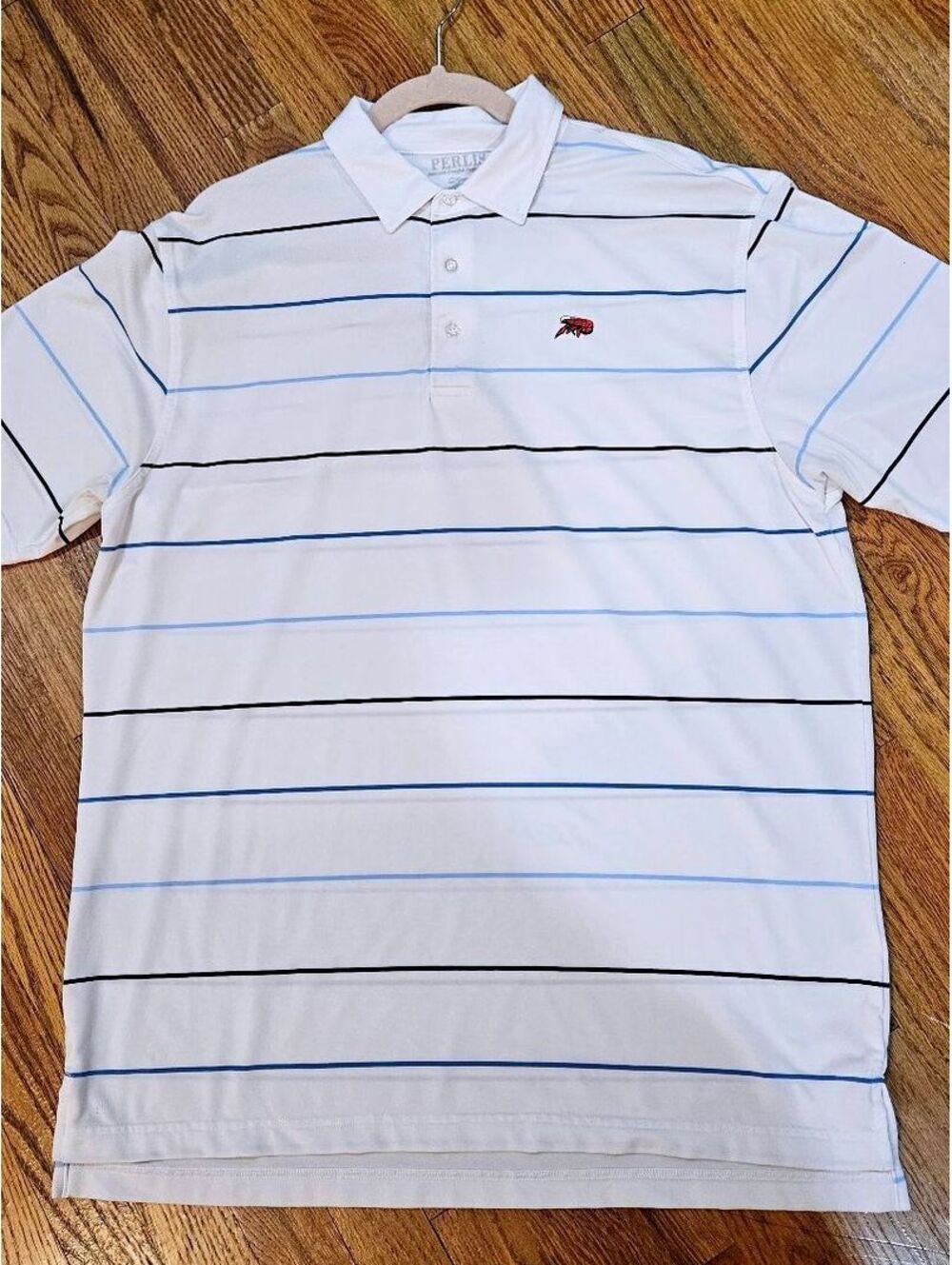 Perlis White Polo Shirt with Blue and Black Stripes and Red Crawfish Size L